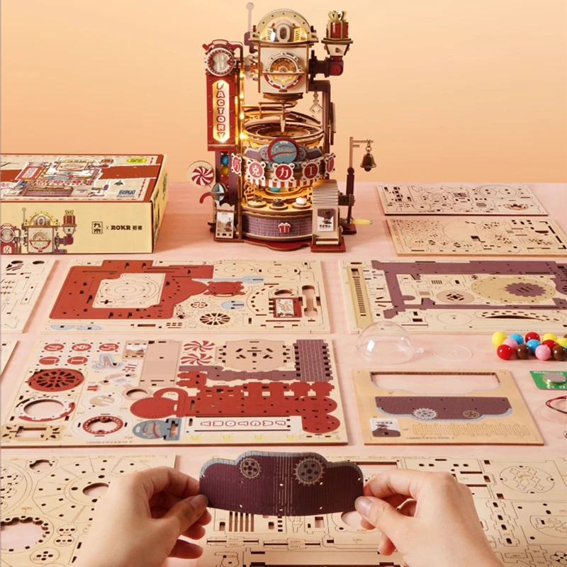 성인을 위한 3D 퍼즐 크리스마스 스타일 나무 모델 키트 초콜릿 공장 DIY 인형 집 키트 음악 조명으로 건축 어린이 선물