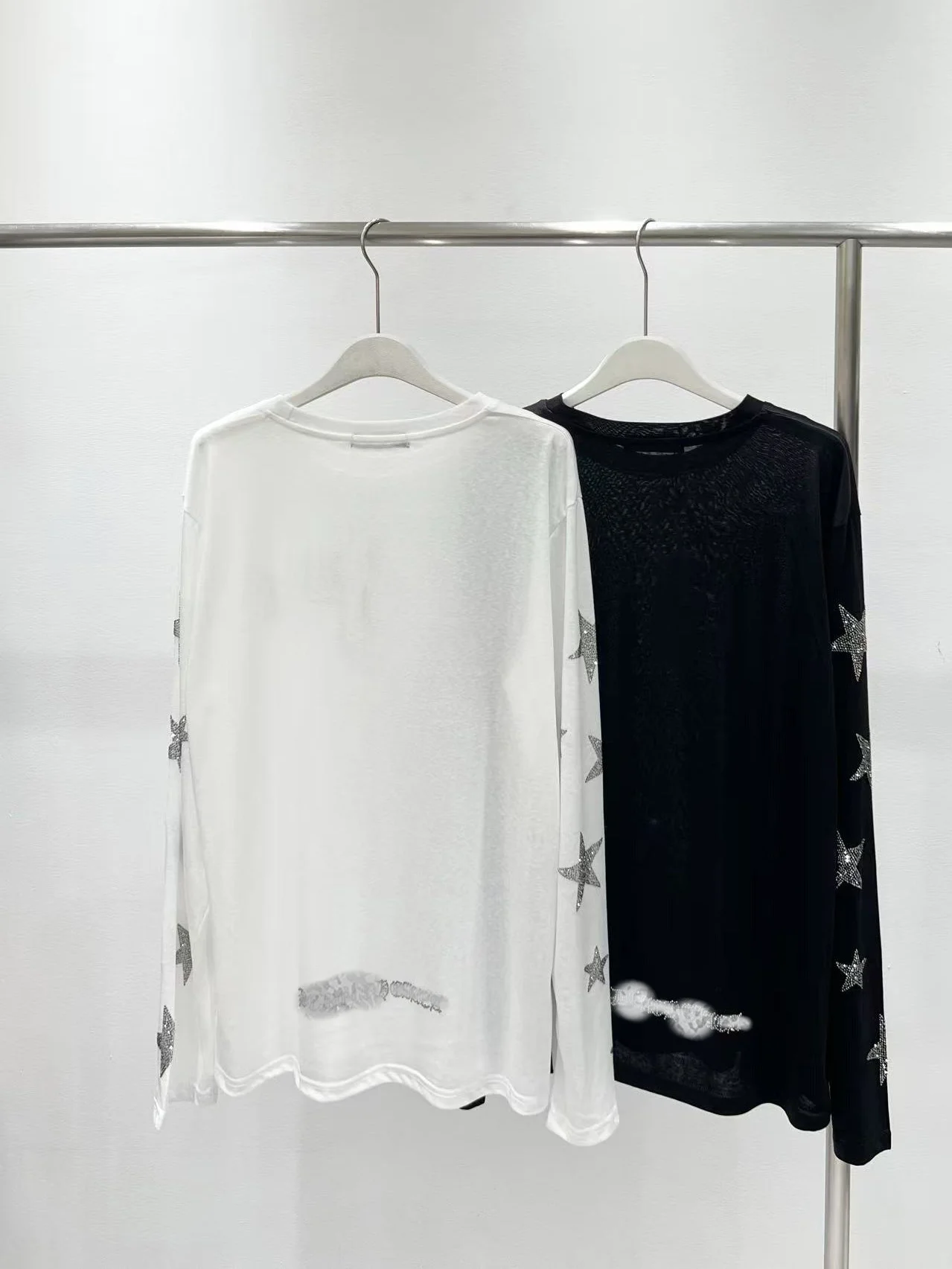 Women's Loose Long Sleeve T-shirt round Neck Star Rhinestone Design Summer Fashionable Casual Comfortable Standard Fit Top