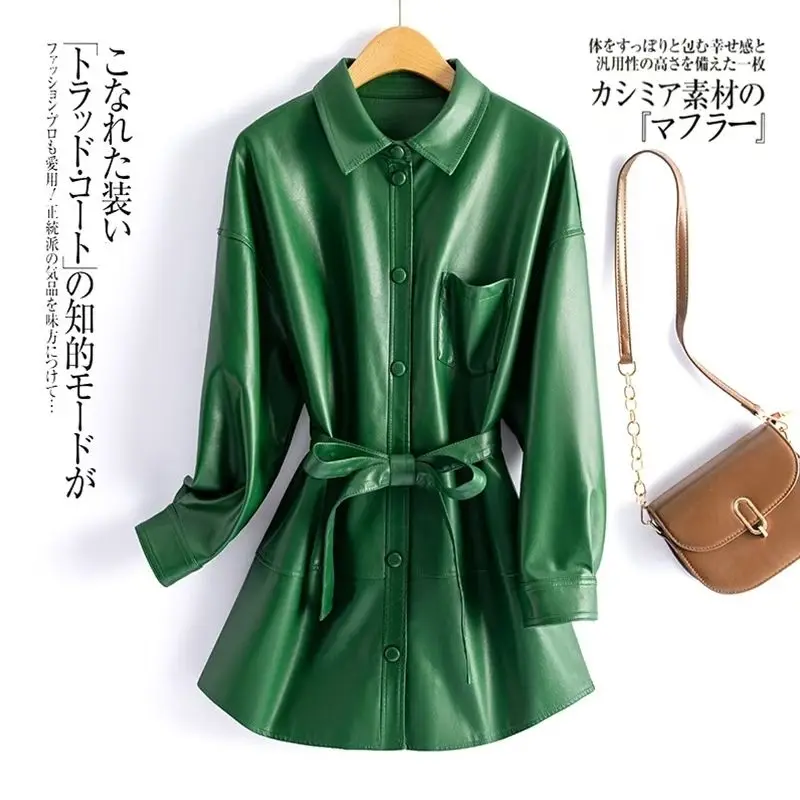 

New Women Shirt Style Leather Jacket Spring Autumn Fashion Casual Turn-down Collar Lace-up Slim Leather Coat Split Leather
