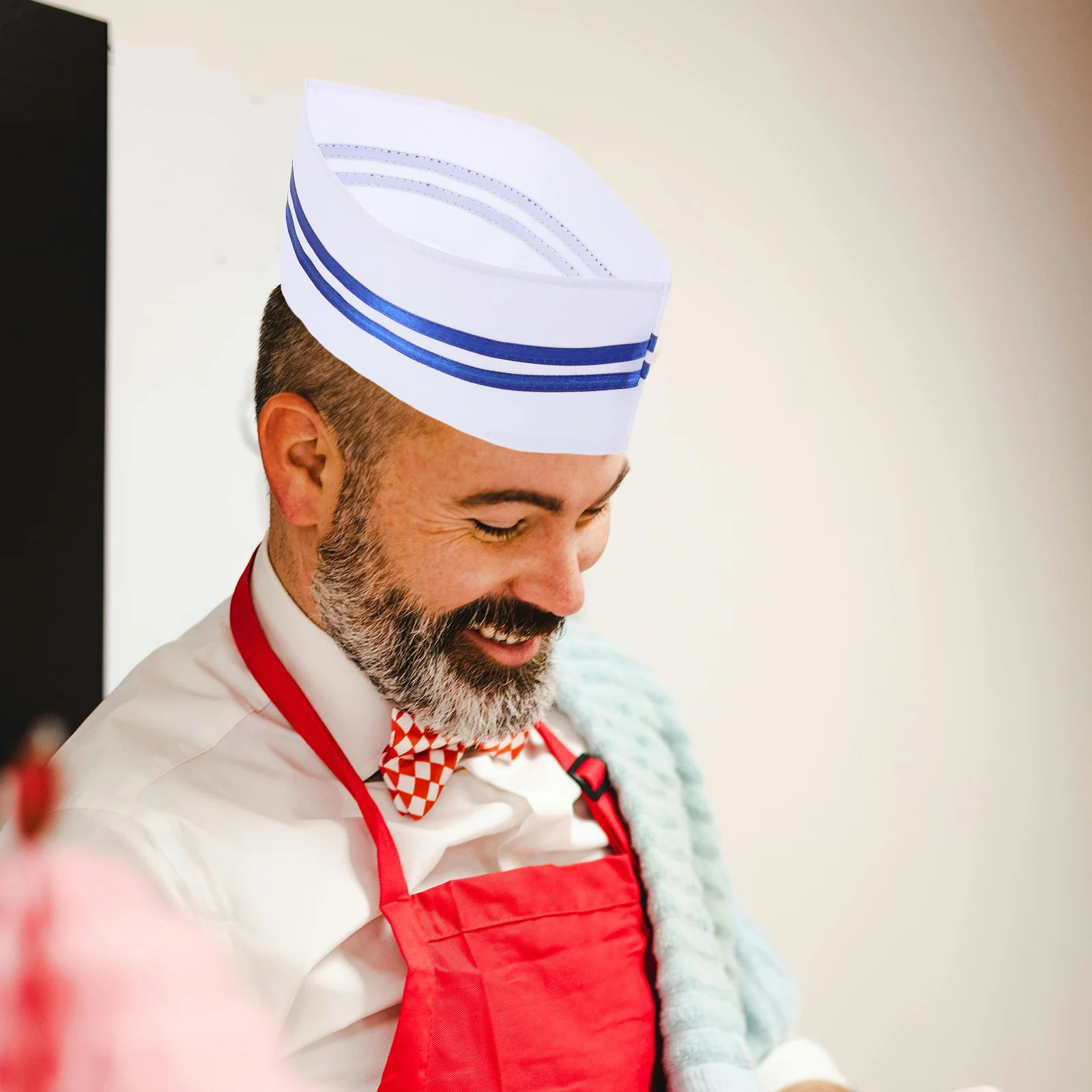 Czapka kucharska unisex z niebieskim brzegiem, wytrzymała czapka do gotowania dla piekarni, restauracji, gastronomii, mała czapka kucharska, akcesoria kucharskie.