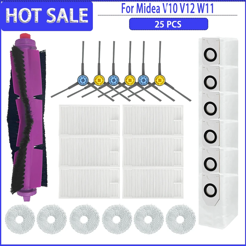 فرشاة جانبية رئيسية فلتر HEPA مماسح كولث كيس لجميع الغبار لملحقات المكنسة الكهربائية Miedia Midea V12 / Eureka J12 Ultra