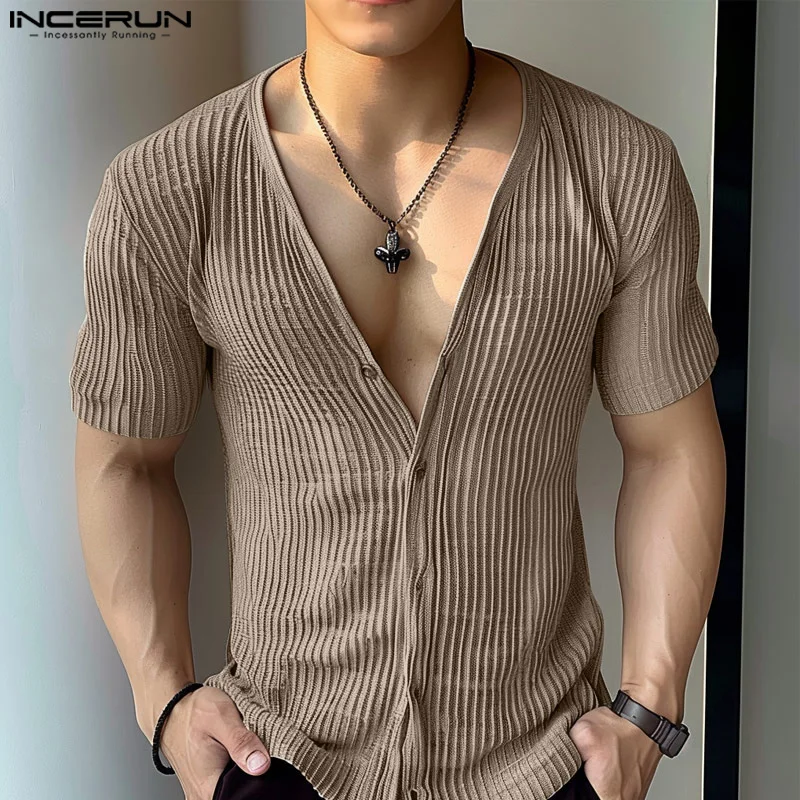 INCERUN Men Summer Tops Deep V Neck Button Down Short Sleeve Ribbed Knitted Casual Shirts Stripe Textured Leisure T Shirt