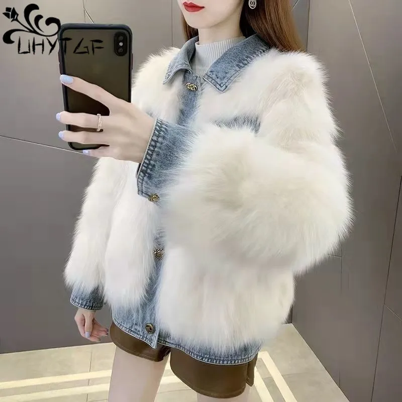 

Denim Patchwork Fur Jacket Women's 2023 Korean Fashion Short Winter New Lapel lmitation Faxu Fox Fur Coat Female Outerwear 2831