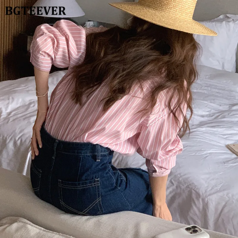 BGTEEVER Loose Striped Blouses for Women Casual Turn-down Collar Long Sleeve Female Summer Shirts Tops