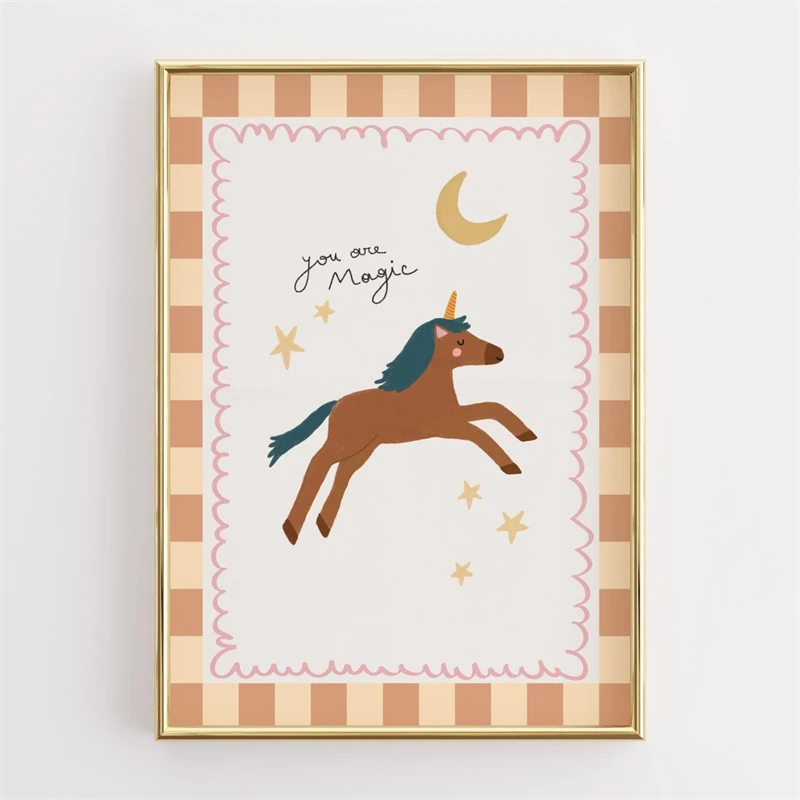 Vintage Fantasy Animal Poster Cute Bear Unicorn Print Canvas Painting Wall Art Picture for Whimsical Nursery Home Decoration