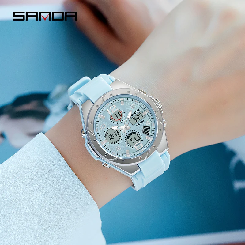 Sanda Luxe Ms Led Digitaal Sporthorloge Mode Casual Gouden Polshorloge Vrouwen Meisje Militair Waterdicht Quartz Horloges 6062