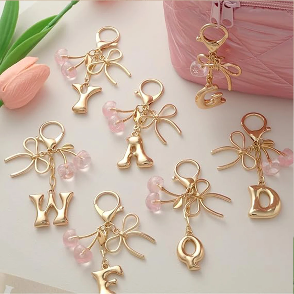 Gold Letter Bubble Initial Keychain with Bow & Cherry, Cute Handbag Accessory