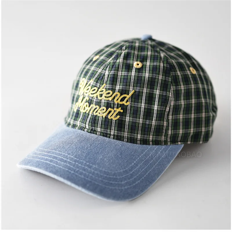 Plaid Denim Patchwork Baseball Cap with Weekend Moment Embroidery for Daily Wear Vintage Tartan Check Dad Hats Unisex