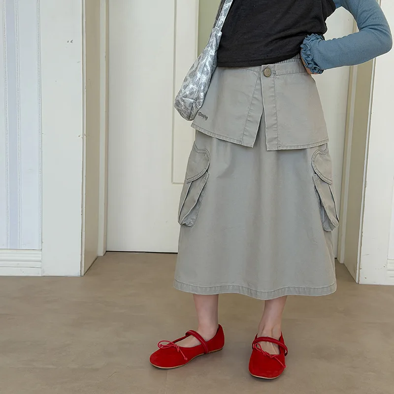 Girls' Design Sense Mid-length Fake Two-piece Skirt Heart-shaped Pocket Workwear Style Half-length Skirt