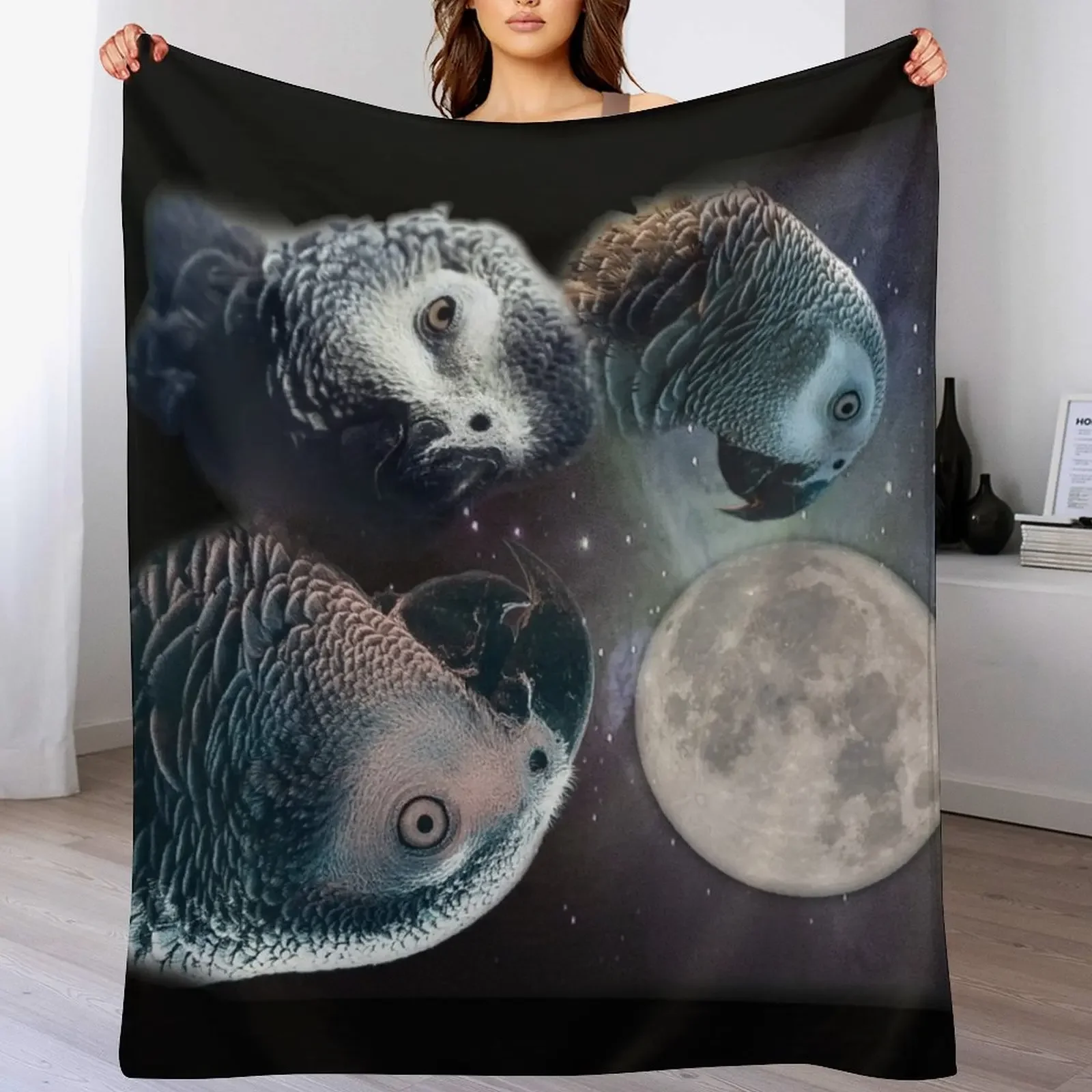 

New African Grey Parrot Three Wolves and Moon Style Throw Blanket Tourist for sofa funny gift Moving Blankets