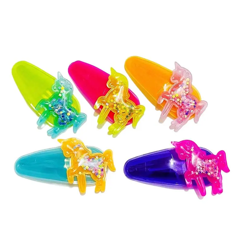 

20pcs Boutique Glitter Quicksand Star Unicorn Snap Clips Fluorescent Color Horse Barrettes Hairpins Fashion Headwear