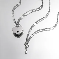 2pcs Romantic Couple Necklace for Women Men Key Lock Heart Pendant Stainless Steel Link Chain Necklace Best Friends Jewelry Gift