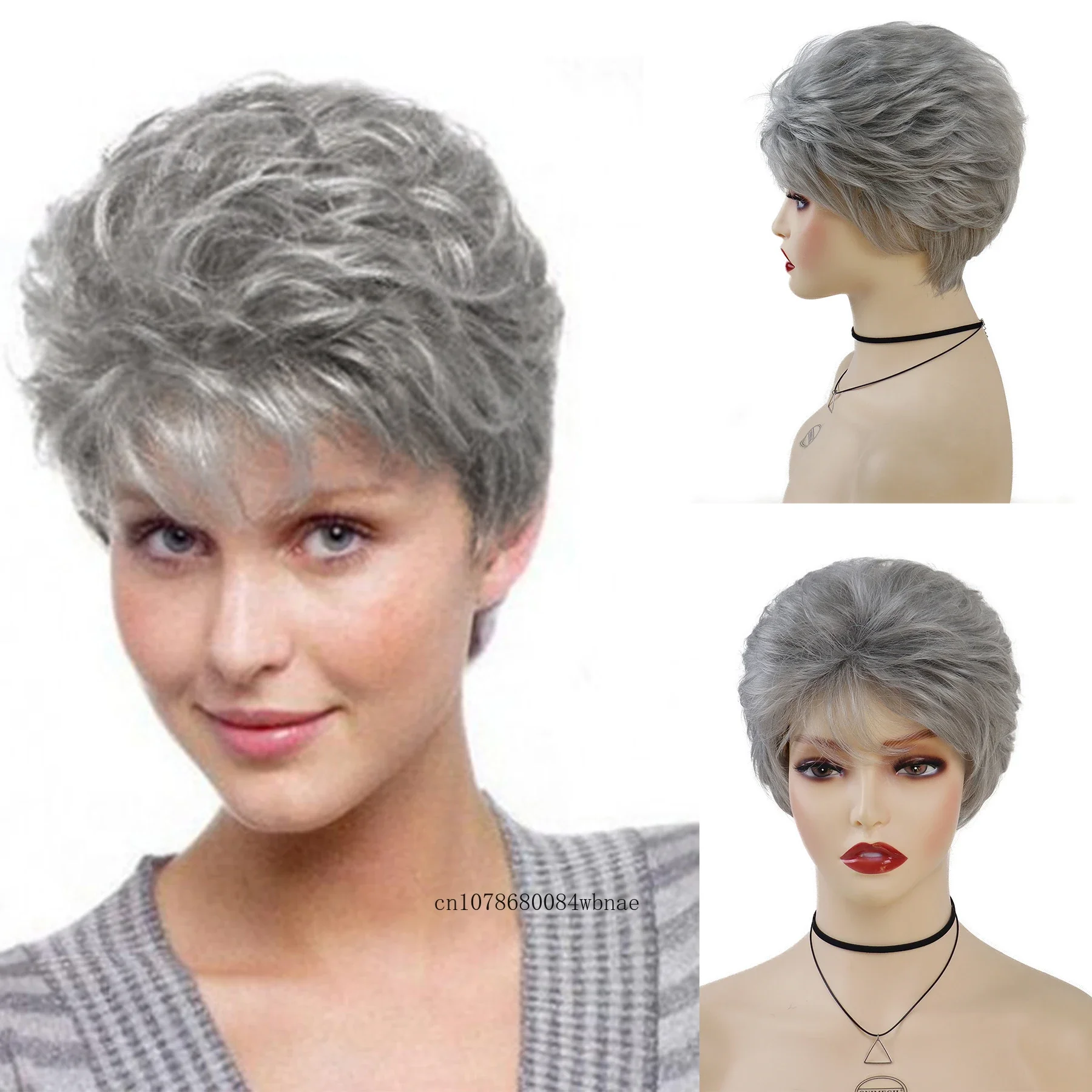 Pixie Cut Layered Synthetic Wig for Women Fluffy Short Grey Wigs with Bangs Old Lady Grandma Wig Daily Party Costume Cosplay Use