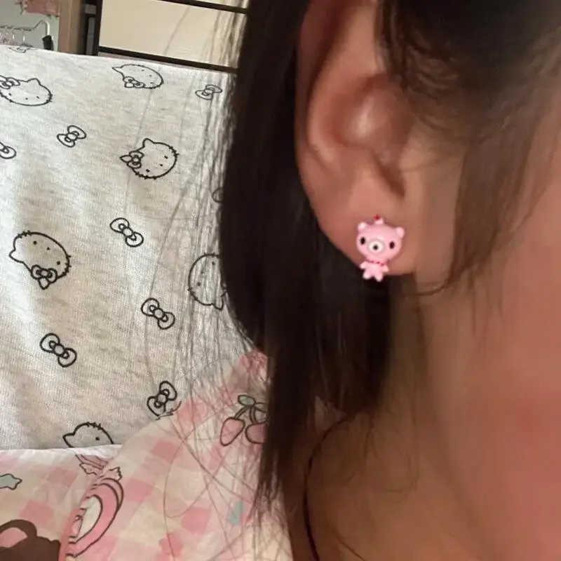 Gloomy Bear Cute Asymmetric Cartoon Bear Rabbit Stud Earrings Kawaii 3D Animal Ear Jewelry Sweet Girls Fashion Accessory view 4
