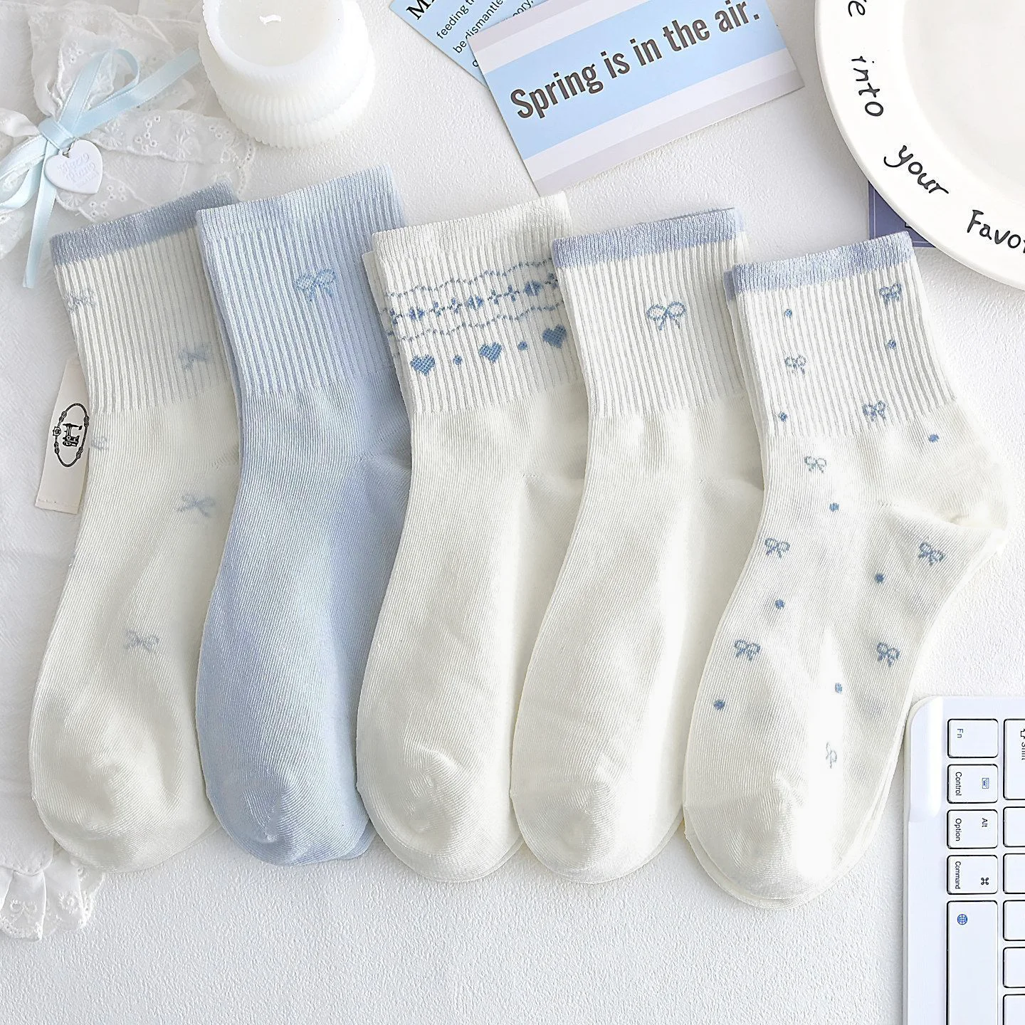 5 Pairs of Mid Length Socks, Sweet Bow Polka Dot Printed Mid Length Socks, Soft, Fresh, Versatile, Breathable and Comfortable