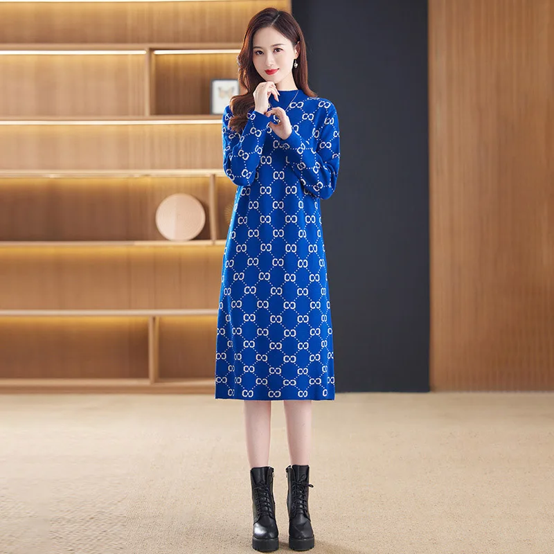 Women\'s Knee Length Wool Dress Autumn Winter French Leisure Simple Comfortable Knitted Dresses Female Clothing