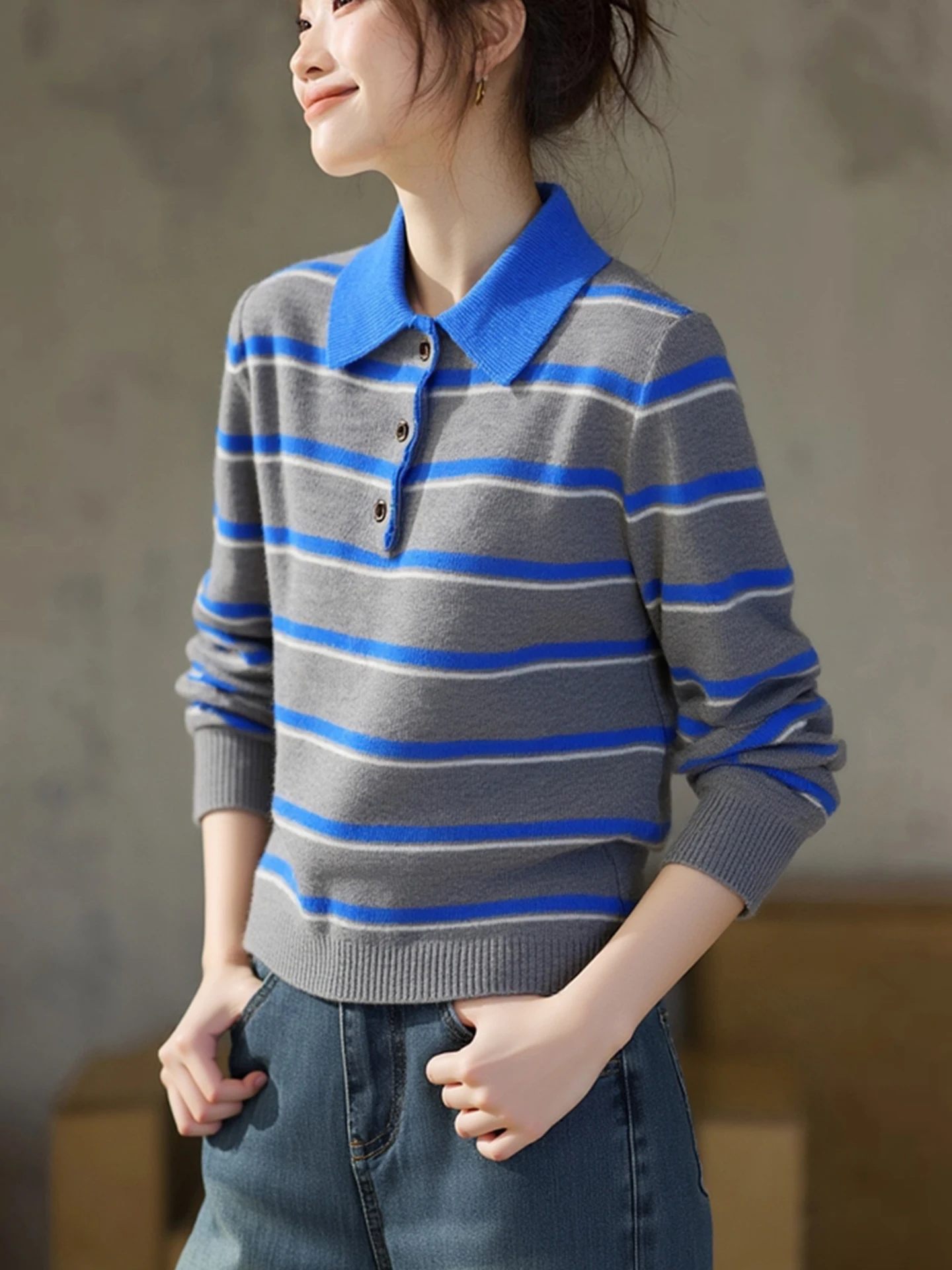 겨울 니트웨어 스웨터 브이넥 긴 소매 스트라이프 버튼업 슬림 빈티지 스타일 대학 패션 탑 젊은 여성용