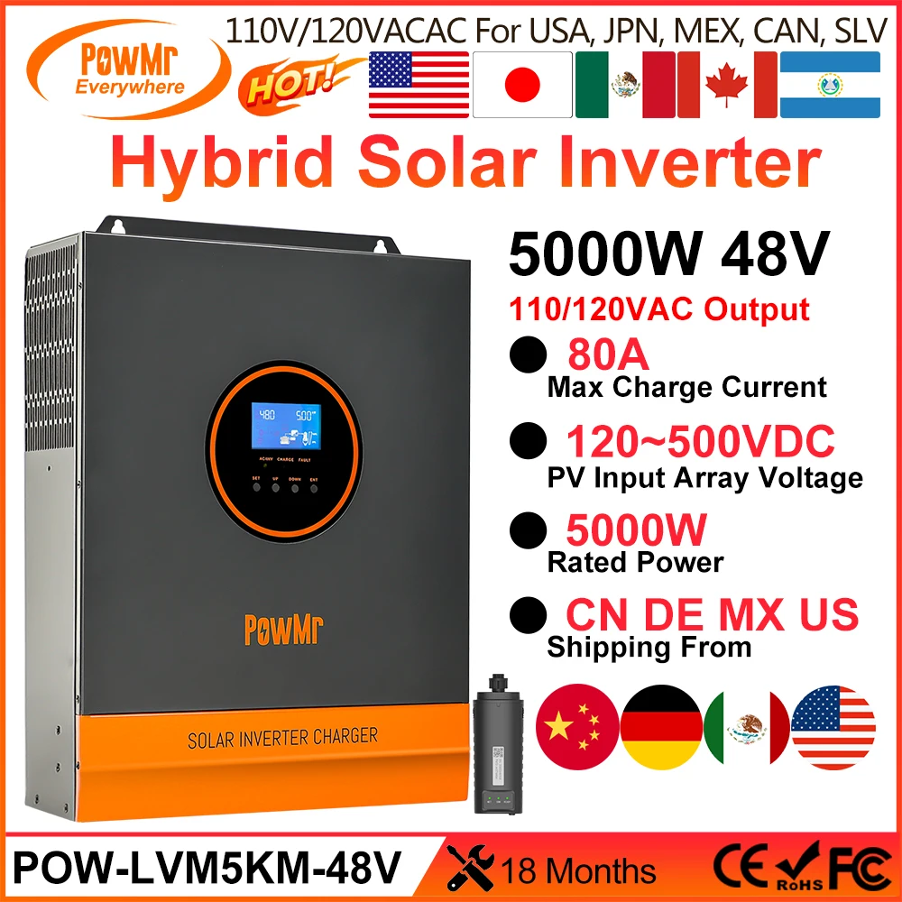 PowMr 5KW MPPT Hybrid Solar Inverter  48V 110VAC Output Max PV 500VDC With MPPT 80A Charger Controller Support Lithium Battery