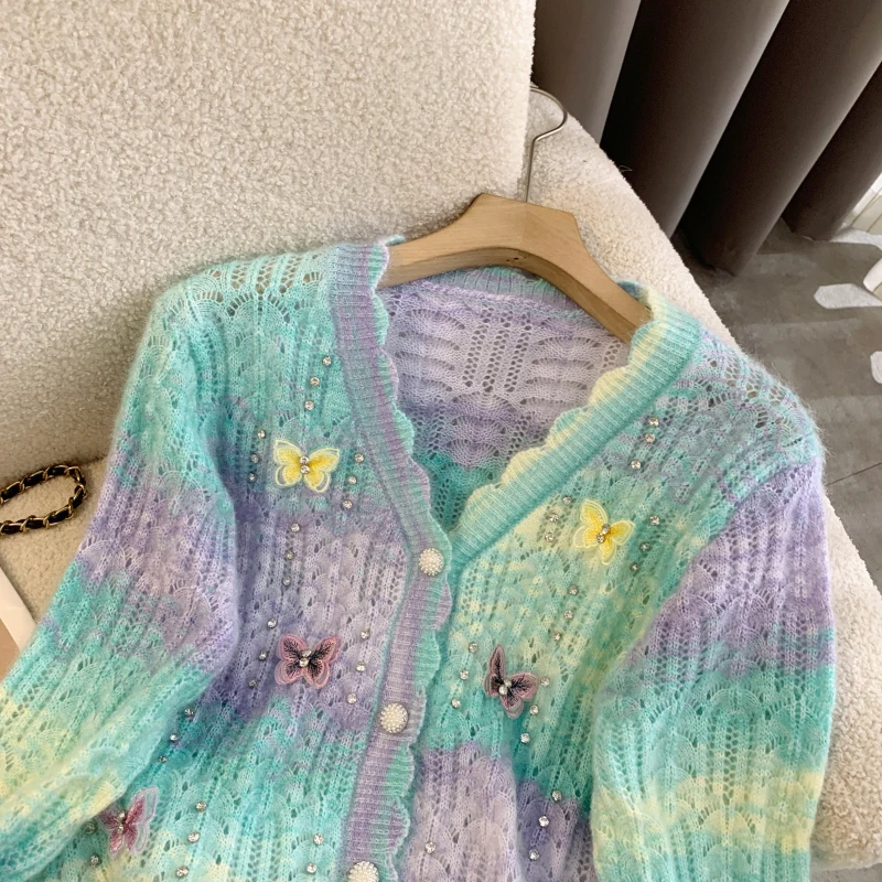 Autumn Knitted Cardigan Women Loose Multi color Rainbow Contrasting Striped Sweater Coat Knitwear Casual Ladies Tops Winter