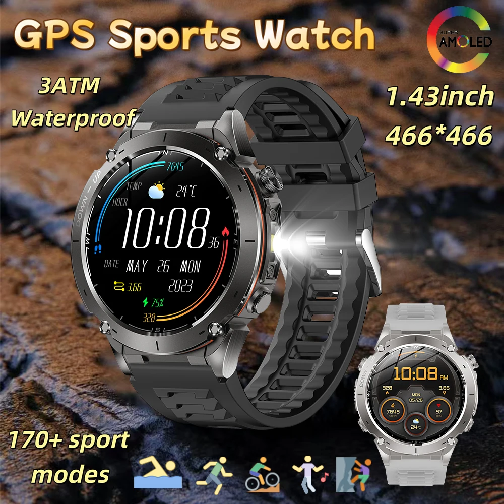 

Y101 GPS AMOLED Smart Watch 1.43‘’BT Call 3ATM Waterproof Outdoor Pressure Sport Flashlight 170 Sports Model for Android IOS Men