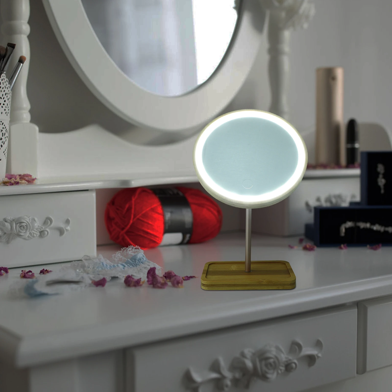 

1Pcs Wooden LED Makeup Mirror Tabletop Tray Lighting Vanity Mirror Desktop Stand for Bedroom Bathroom Countertop