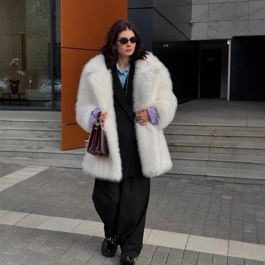 Coats Women Mid Length Faux Fur Jackets Y2k Streetwear Elegant Work Turn Down Collar Covered Buttons Thick Warm Autumn Winter