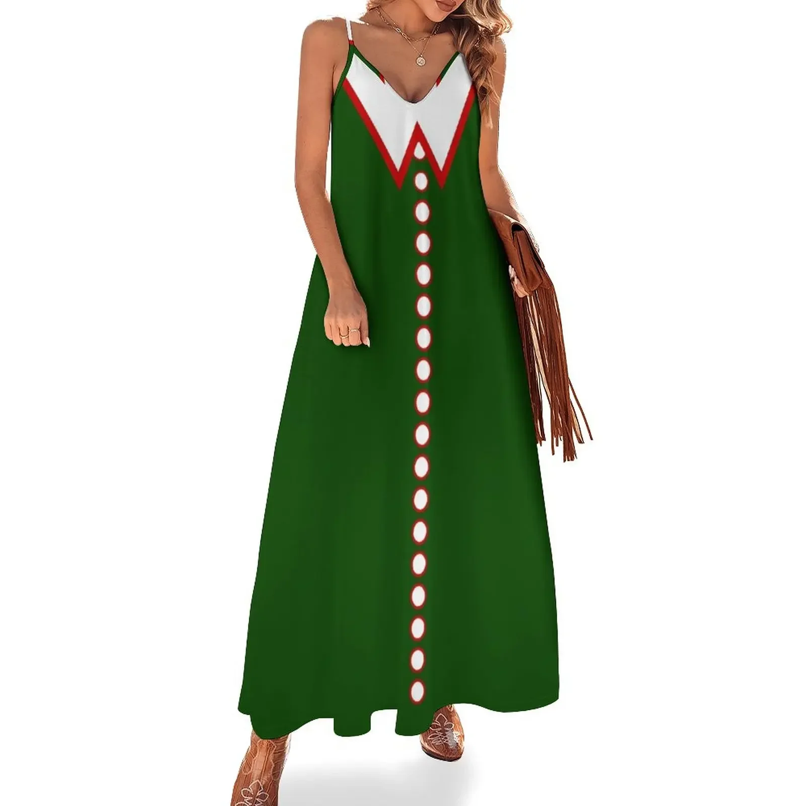 

Christmas Colors Red, Dark Green, and White Faux Collar and Buttons Holiday Sleeveless Dress women evening dress