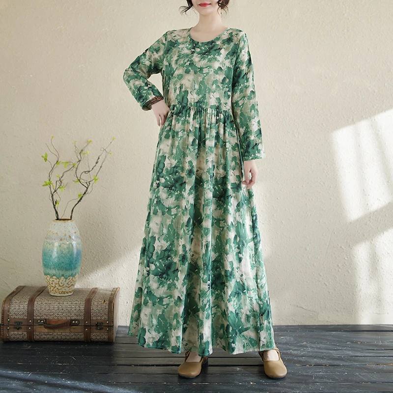 Robe longue imprimée à manches longues pour femmes, rose, coton chanvre, col rond, style campagne, printemps, nouveau, A412, 2025