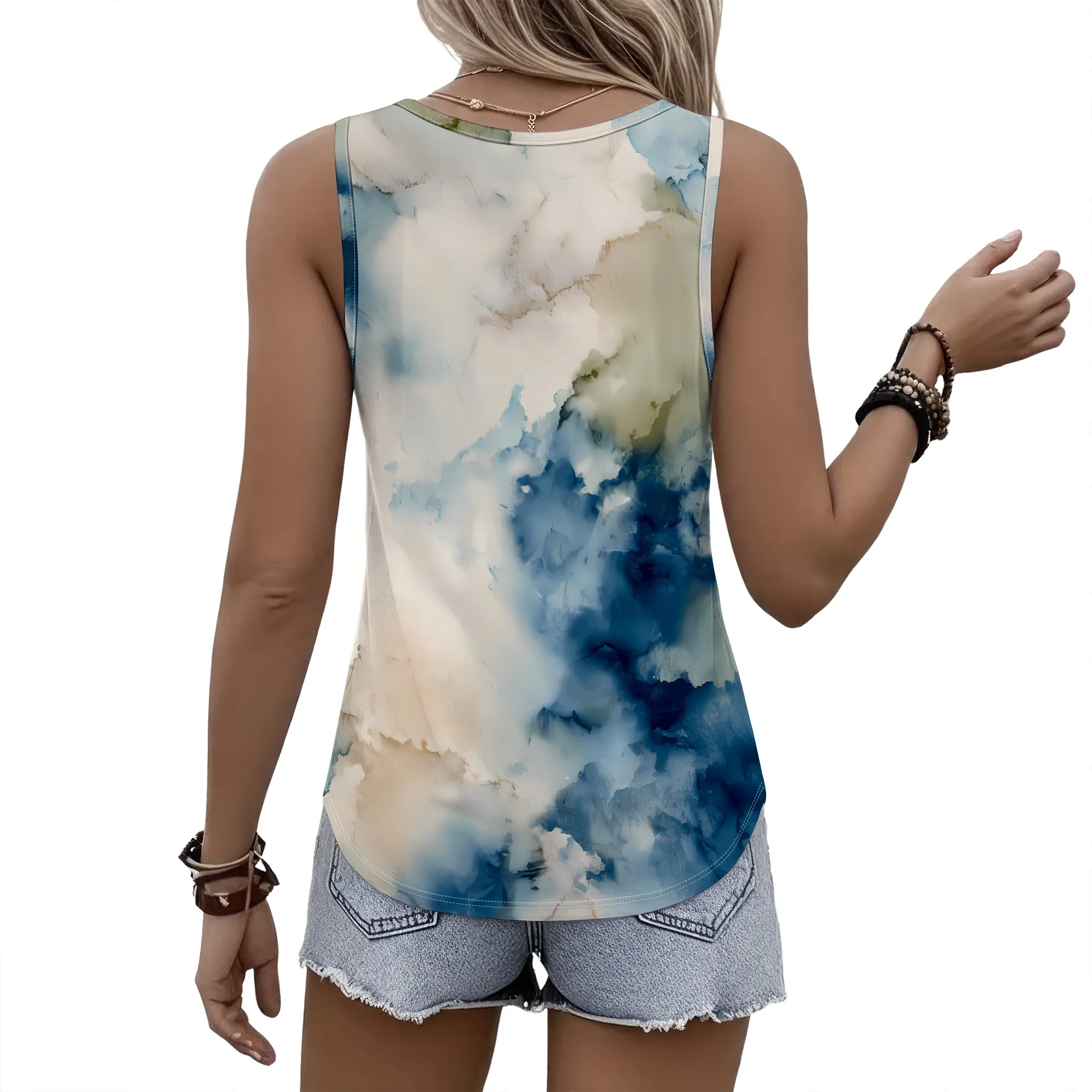 Abstract Cloud Print Tank Top, Blue Tie Dye Sleeveless Shirt, Loose Fit Summer Blouse, Beach Vacation Outfit, S-2XL
