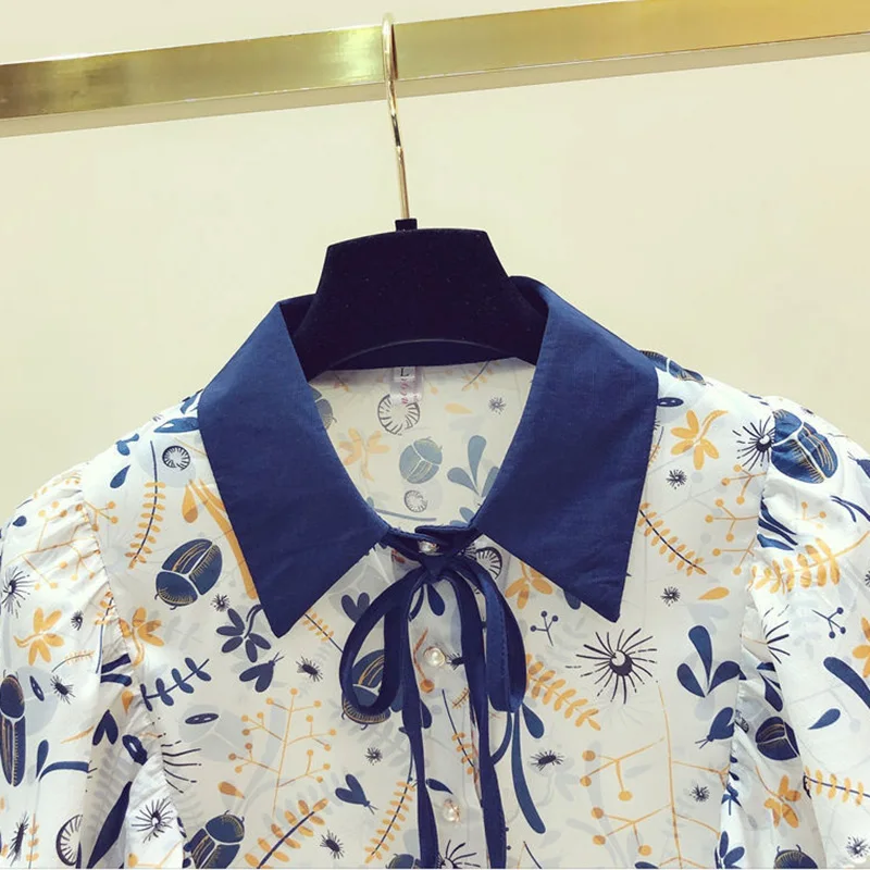 女性用シルクシフォンブラウス,ネイビーフローラルプリント,バタフライスリーブ,シングルブレスト,ポロシャツ,韓国のファッション,婦人服,トップス