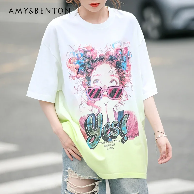 

New Rhinestone T-shirt Short Sleeves Women's Summer Loose Fashion Design Gradient Color Top Mid-Length Half-Sleeved Pullovers