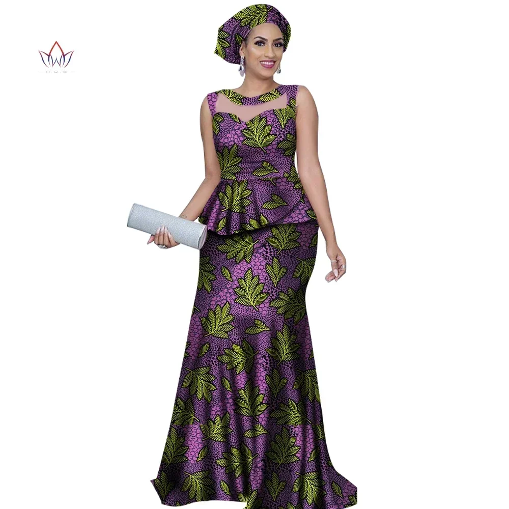 Women Top and Mermaid Skirt Sets with Headtie Bazin Riche African Print Dresses for Women 2 Pieces Skirts Sets Clothing WY2812