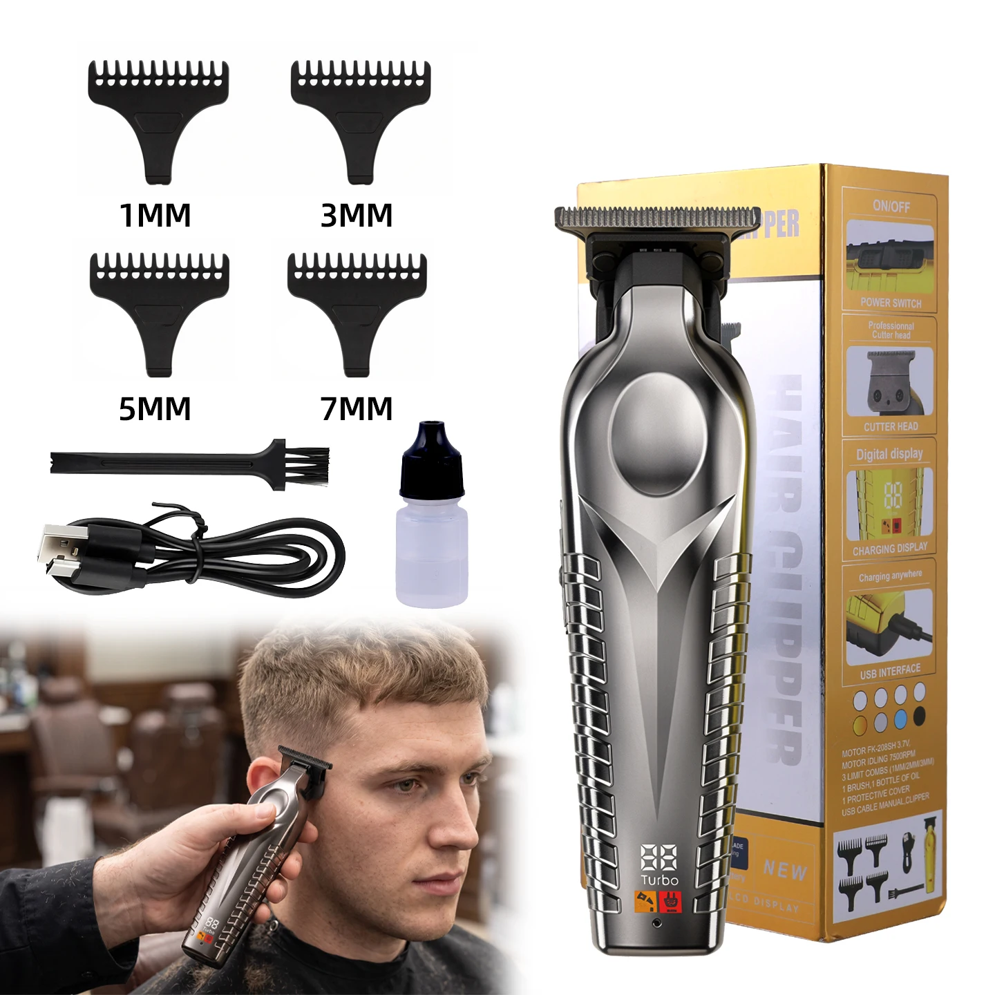 Professional Hair Trimmer Rechargeable Zero‑Gap Blade Barber Hair Carving Styling Tool With Limit Combs For Men