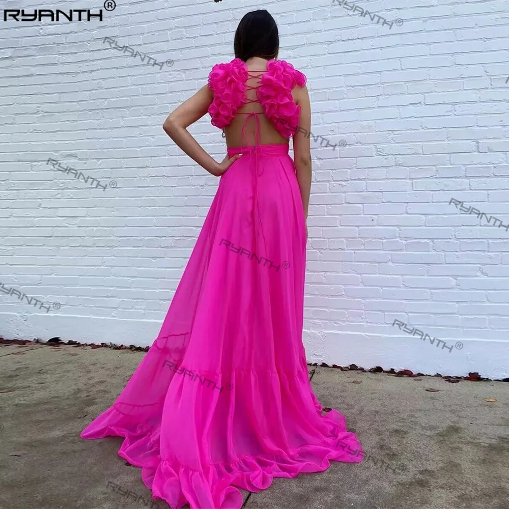 Ryanth Hot Pink V-Neck Evening Dresses Lace Up A Line Tulle Long Party Prom Gowns Backless vestidos de noche 2024 robes de soiré