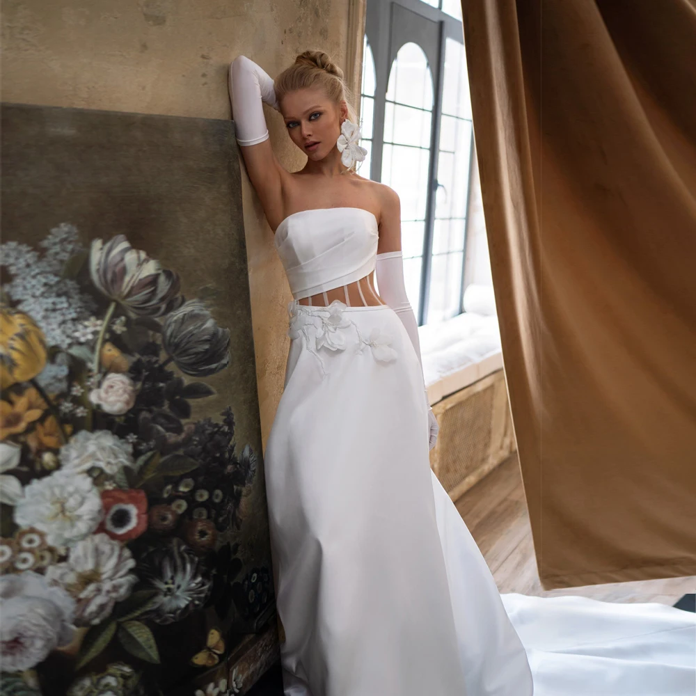 Vestido De Novia sencillo sin tirantes, prenda De satén con mangas desmontables, corte en A, con apliques De flores