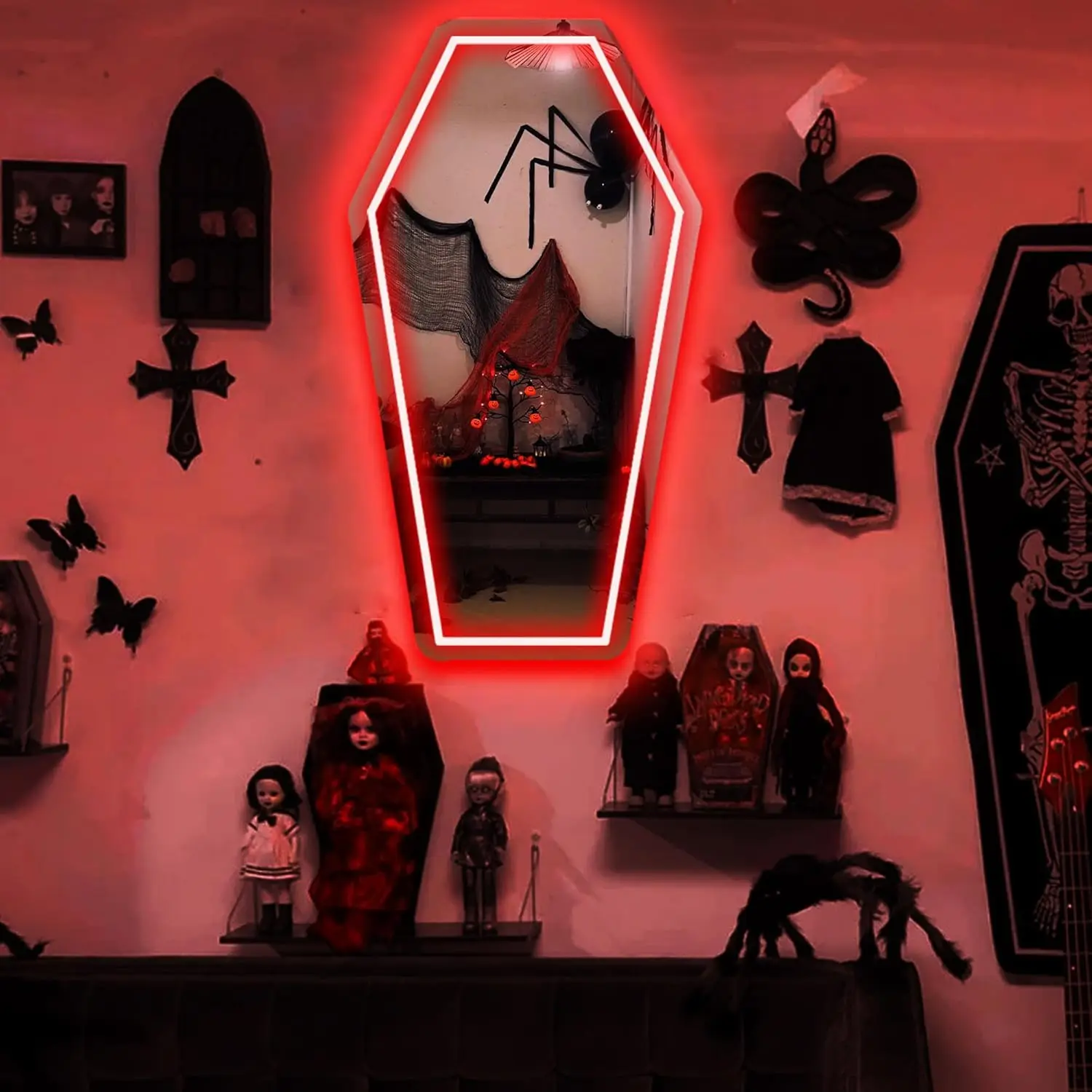 التابوت مرآة النيون تسجيل USB عكس الضوء ضوء النيون لغرفة الألعاب رجل الكهف غريب الأطوار القوطي هدية تزيين المنزل مرآة لوضع مساحيق التجميل