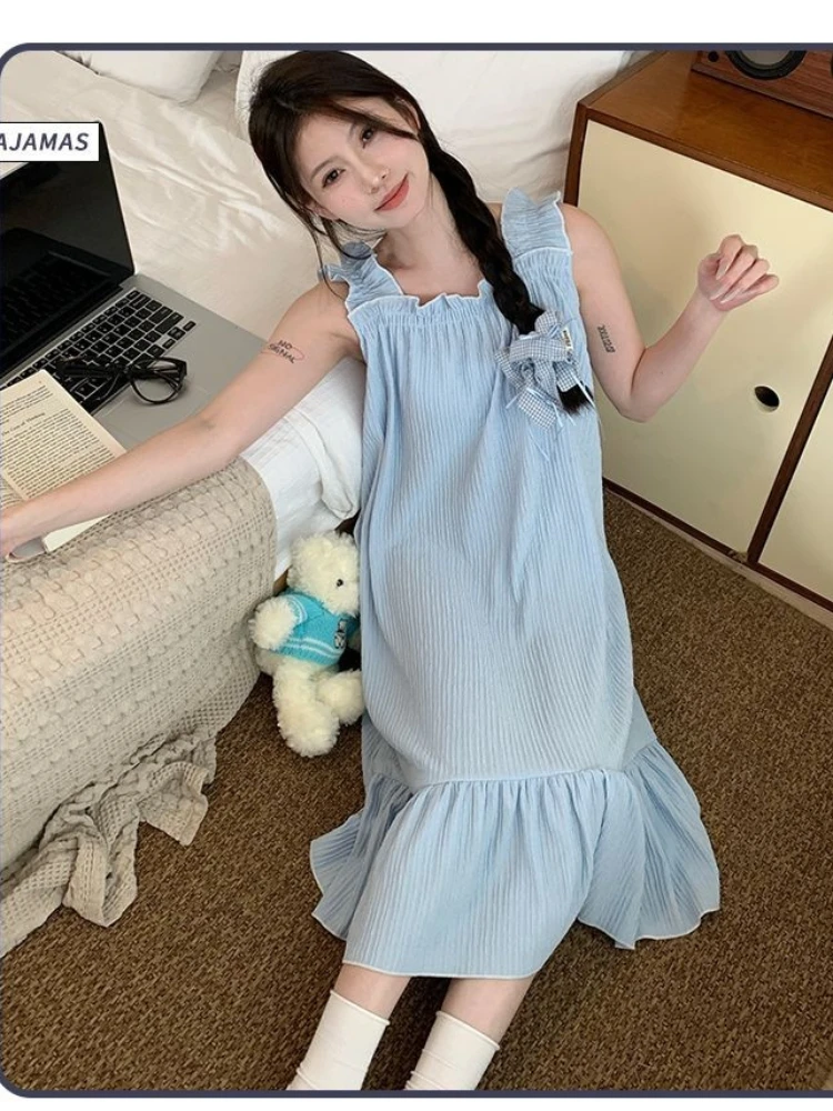 المرأة الحلو كشكش السباغيتي حزام ثوب النوم مطوي الملمس فضفاض سوينغ ماكسي فستان النوم لطيف ملابس غير رسمية الربيع الصيف