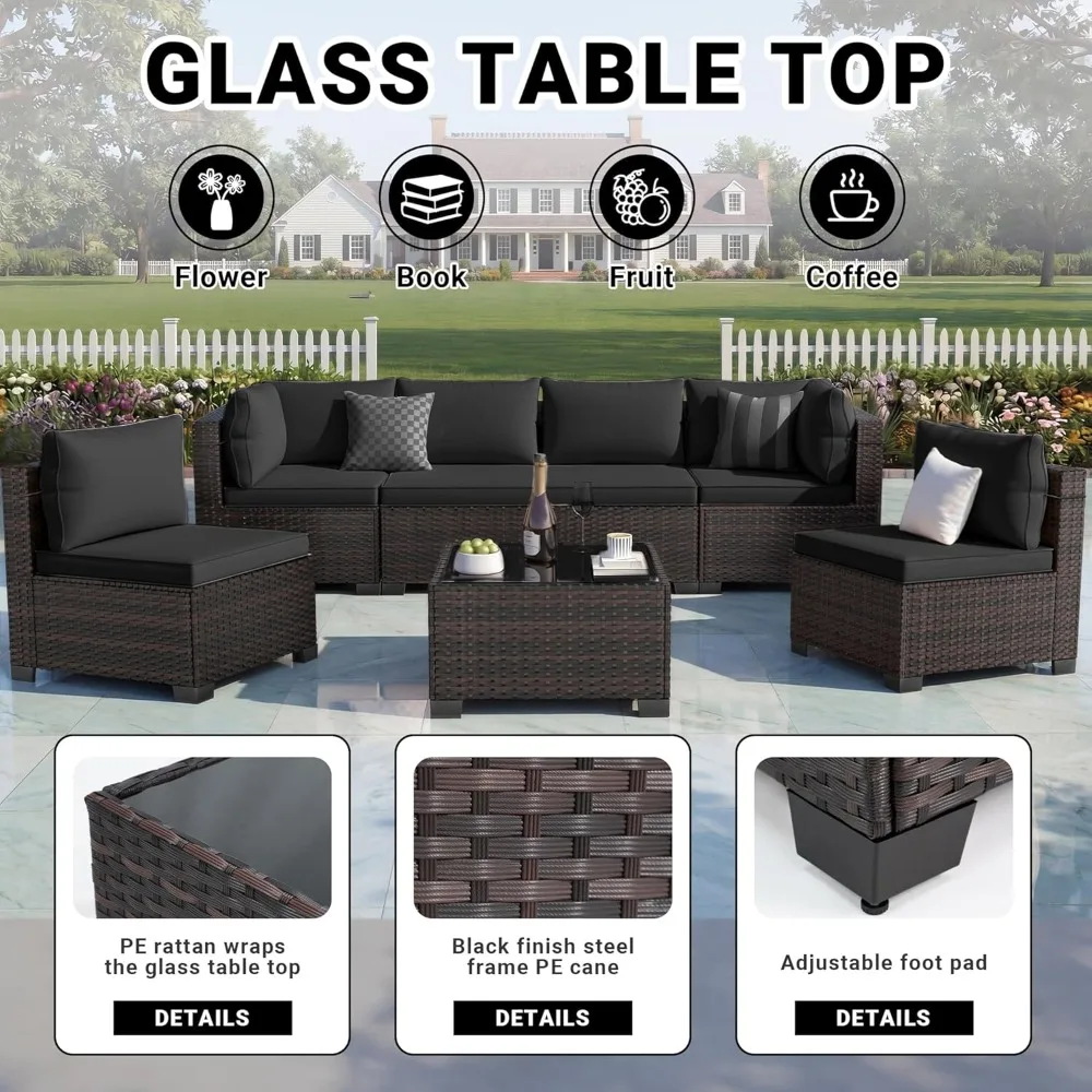 

7 Pieces Outdoor Patio Furniture Sets, Rattan Conversation Sectional Set, Manual Weaving Wicker Patio Sofa with Tea, Customized