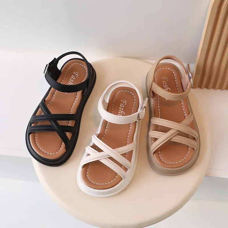 Girls’ Chic Roman Sandals 2024 Summer New Fashion Children‘s ’Soft Sole Anti Slip Fairy Beach Sandals Wear-resistant Dirt-proof