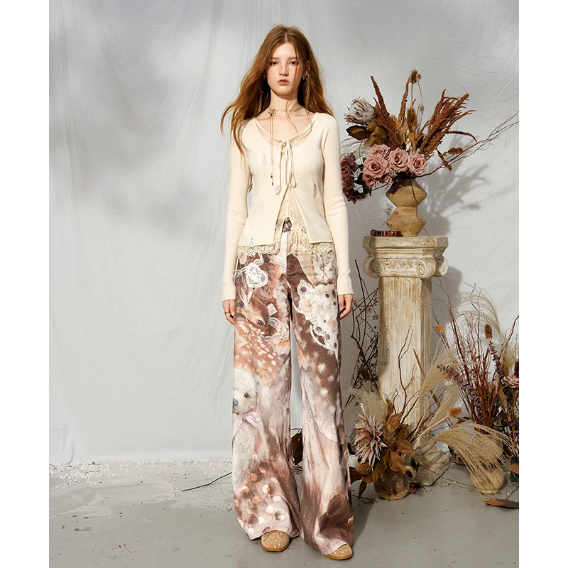 ELFSACK Women's Cute Pants with Bear & Deer Graphic Print, Vintage Brown Polka Dots Wide Leg Trousers, Casual Everyday Bottoms