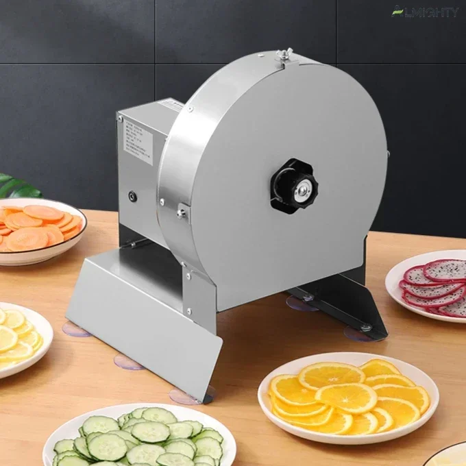 Multifunctional electric potato slicer. For commercial use with carrot slicing. Kitchen slicer. Household vegetable cutter.