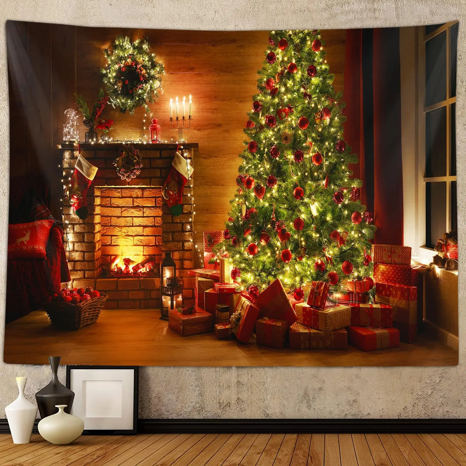 Wall Tapestry Christmas Colorful Tapestry Backdrop, Xmas Santa Claus, Reindeer, Tree and Fire Place for the Living Room