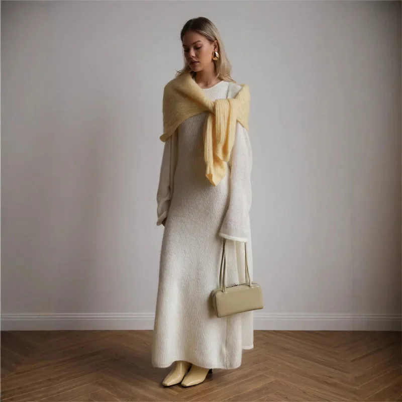 

2025 Autumn 2 Piece Set Women Mohair Knitted Sleeveless Bodycon Maxi Dress + Long Cardigan Elegant Chic Outfit Knitwear Suit Mew