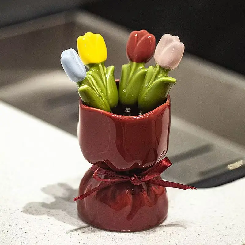 

Tulip Flower Bouquet Fruit Fork Set Cerc Stainl Steel Dert Fork Creative Home Decorations High End Ele Design