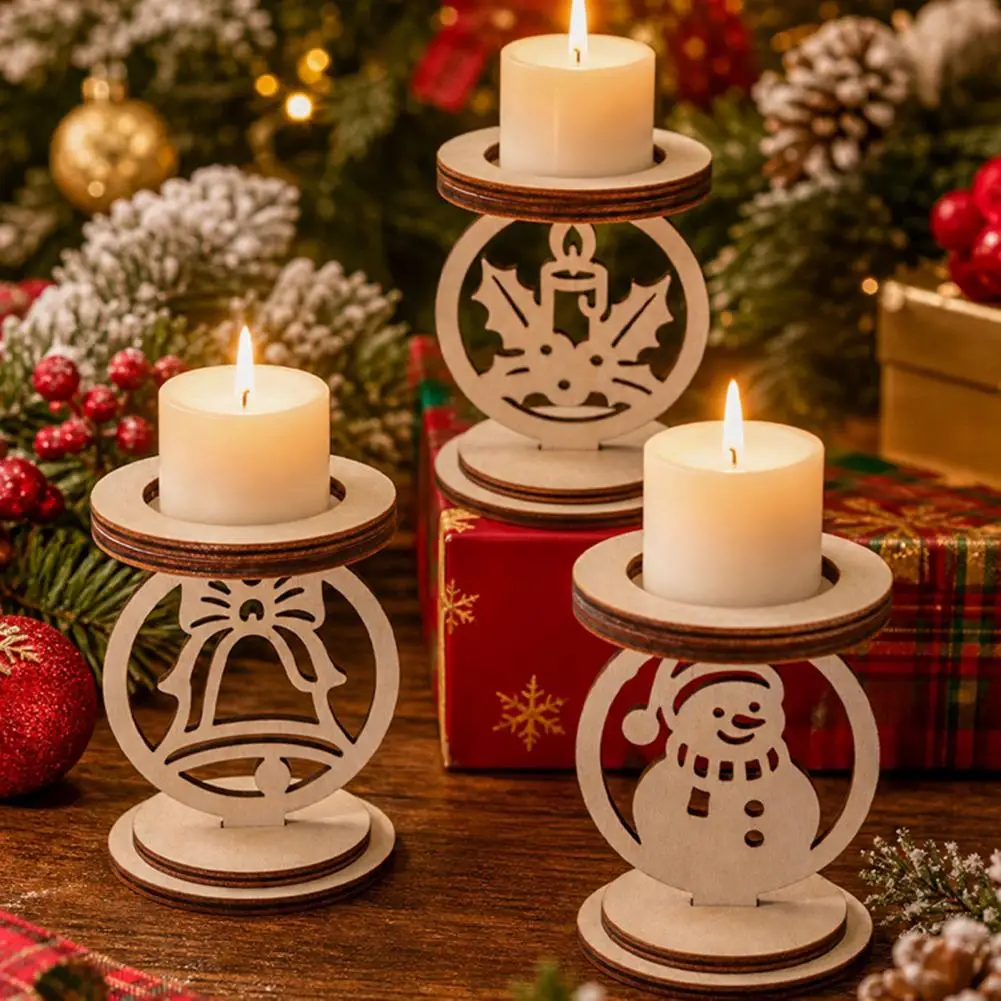 3-teiliger Weihnachts-Holz-Kerzenhalter, abnehmbarer Teelichtständer mit hohlen, geschnitzten Schneemann-/Glocken-/Kerzenmustern, Partyzubehör