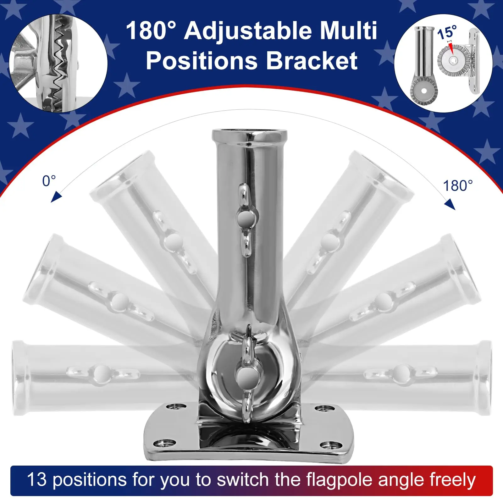 316 Stainless Steel Flag Pole Holder, Marine Grade 180° Adjustable Heavy Duty Outside House Wall Mount Flagpole Bracket, 1