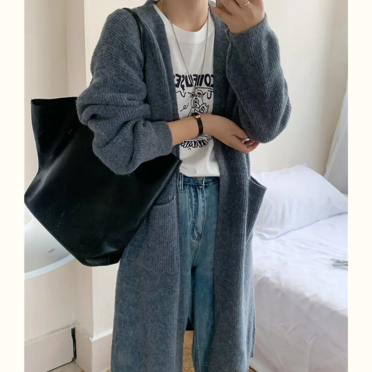 

Women Long Cardigan Sweaters Solid Jumpers Pockets V Neck Long Sleeves Thick Loose Fit Office Lady Casual 2025 Autumn Winter