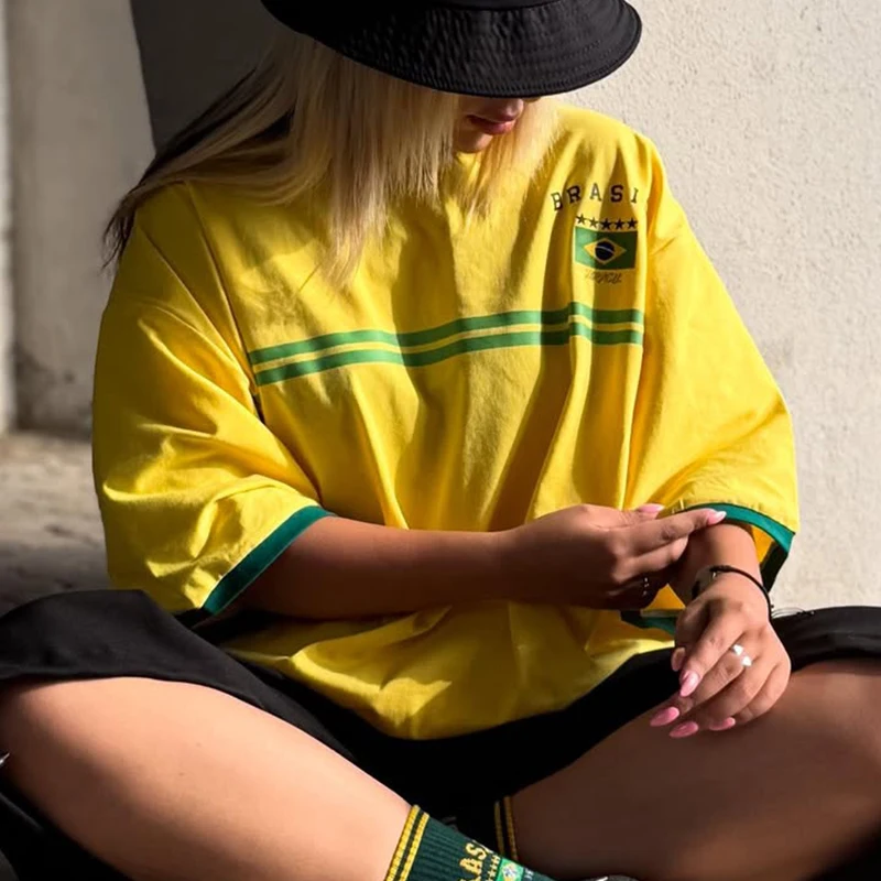 Yellow Loose Brazil Embroidery Tshirt Casual Medium And Long Sleeves T-shirt Y2k Clothing Top Oversized Beach Summer Women Tee﻿
