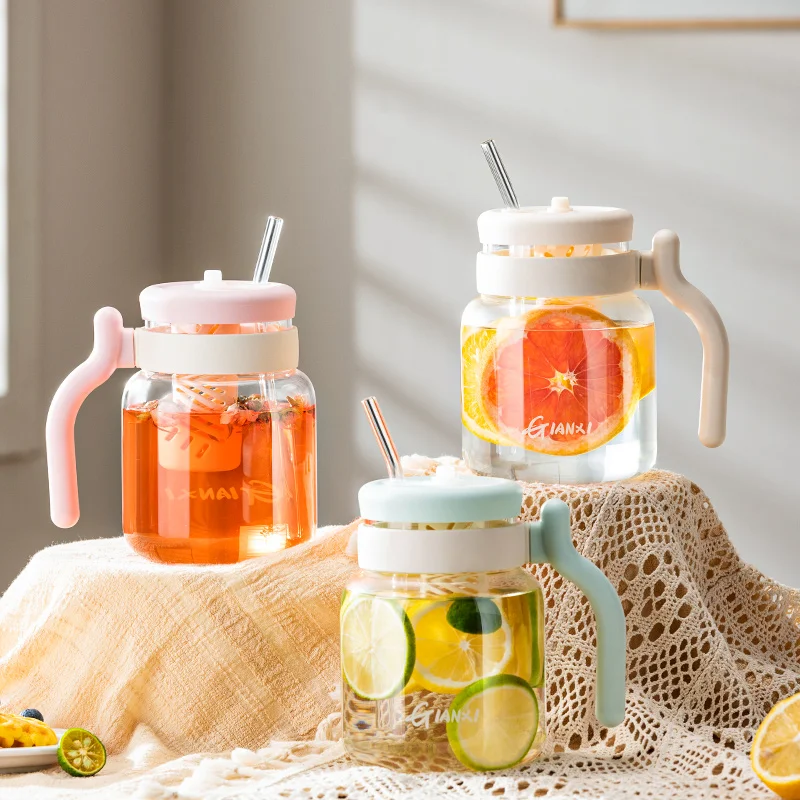 

Glasses With Lid And Straw Household Kitchen Transparent Tumbler With Straw Coffee Cup With Handle Water Bottle