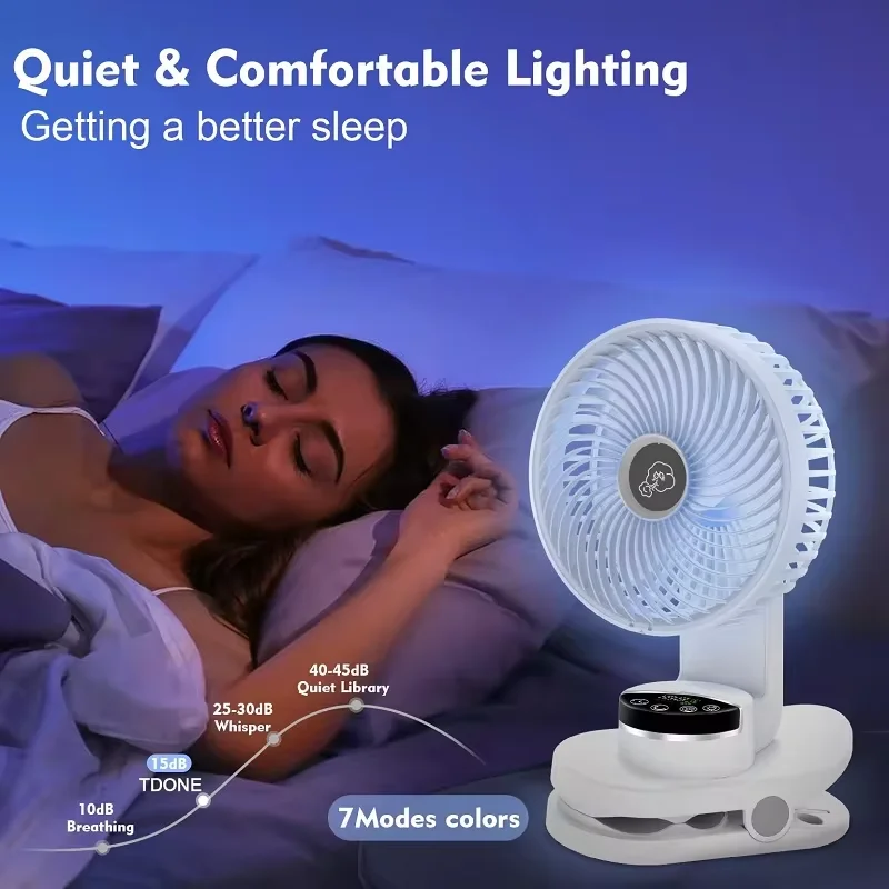 Mini Clip Fan 10000mAh Battery Operated Desk Fan With 9 Speeds Auto Oscillation Rechargeable Wireless Camping Fan with Light